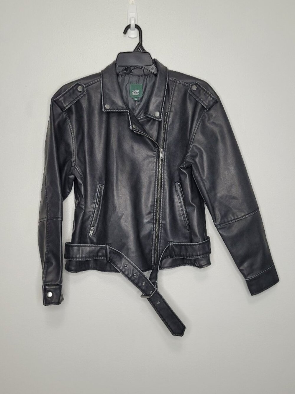 Wild Fable black faux leather moto grunge punk zip belt jacket medium NWT